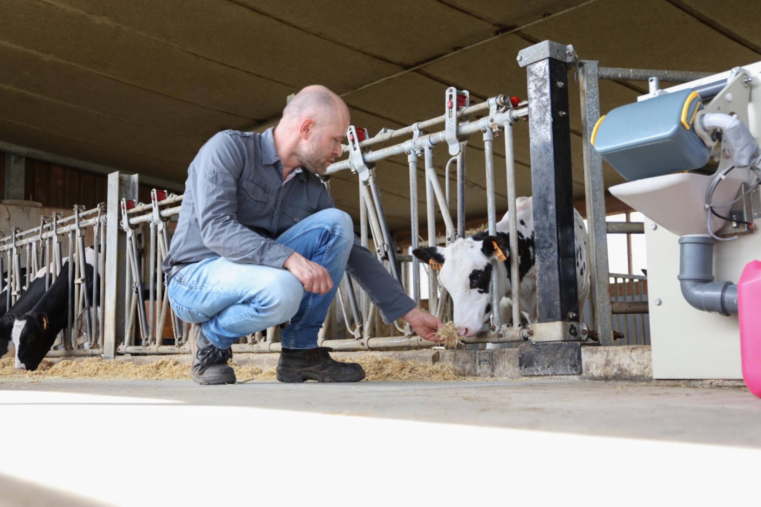 Ein Landwirt mit einer zufriedenen Kuh, die von der optimalen Tränkeversorgung des VARIO Smart profitiert.